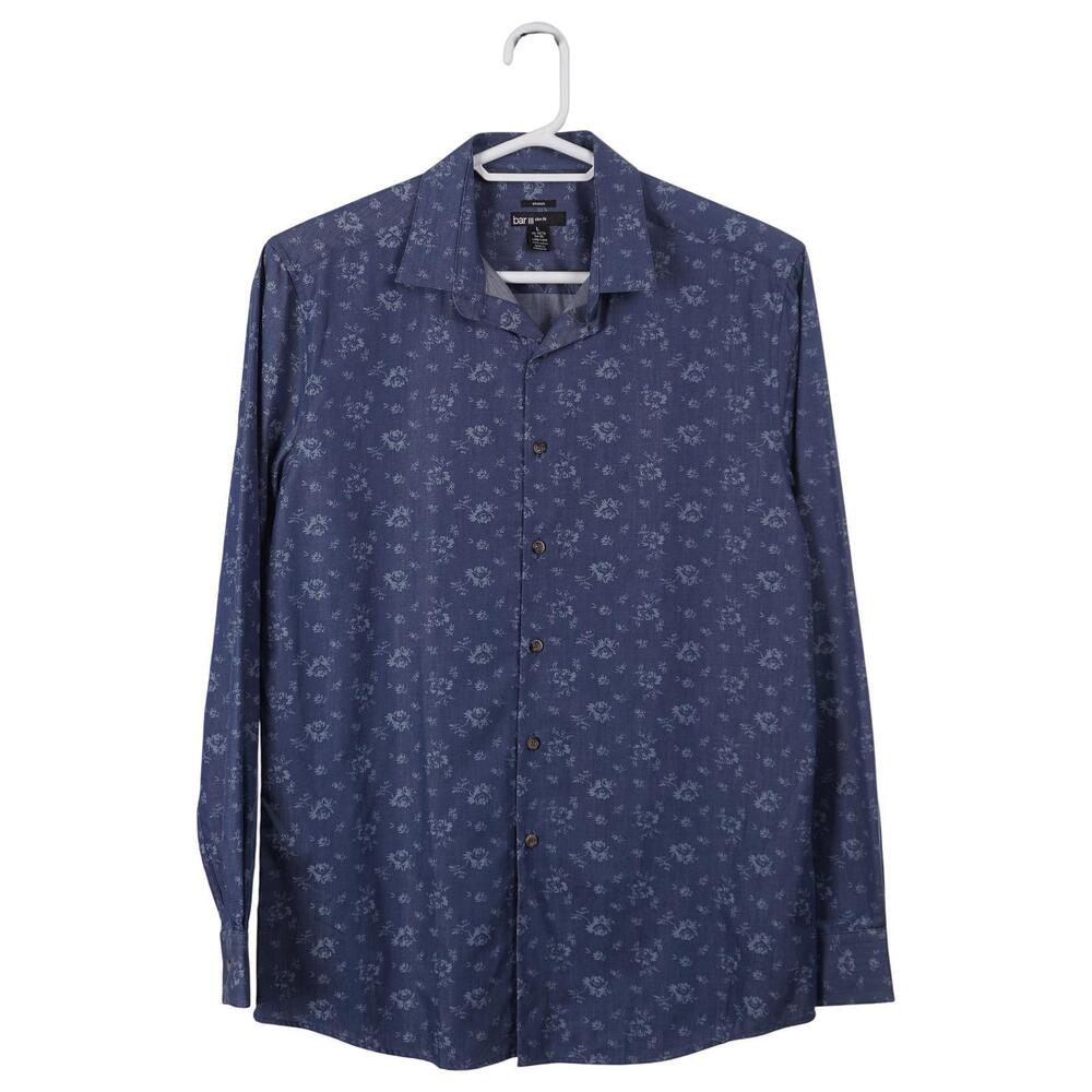 Bar III Shirt Men L Blue Floral Print Slim Fit Cotton Long Sleeve Button Down